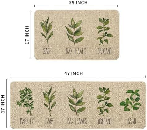 Artoid Mode Parsley Sage Oregano Basil Bay Leaves Decorative Kitchen Mats Set of 2, Seasonal Holiday Party Low-Profile Floor Mat for Home Kitchen - 17x29 and 17x47 Inch