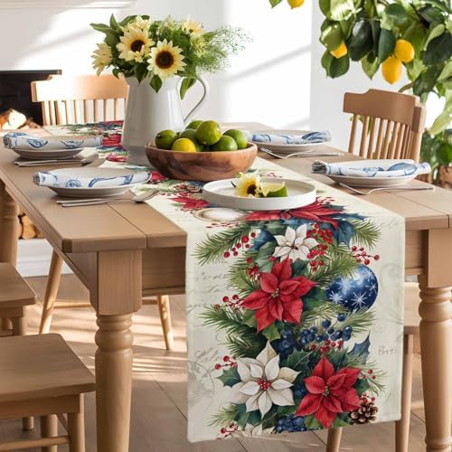 Christmas Poinsettia Table Runner Dresser Scarf 13 x 108 Inch Red Flower Holly Berries Xmas Ball Beige Table Runners Non-Slip Heat Resistant Kitchen Dining Table Decor for Home Holidays Indoor Outdoor