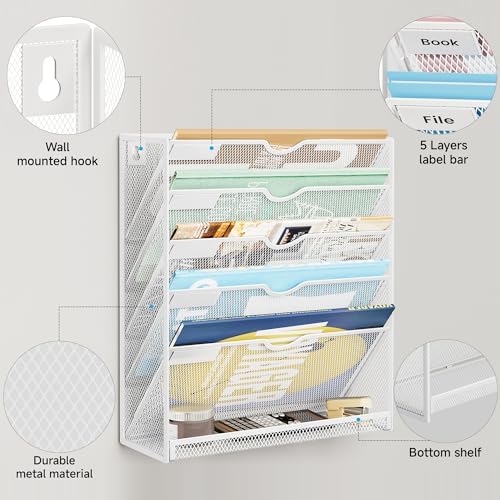 Lavatino 6-Tier Hanging File Organizer with Hooks – No Installation Needed, Wall-Mounted File & Magazine Organizer for Office and Home (White)