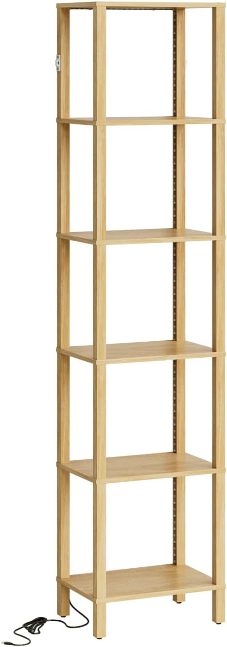 Open Book Shelf with LED Lights, 6 Tier Tall Bookshelf, Freestanding Shelf Narrow Bookcase with Open Shelves, 14.57" x 10.63" x 65.83", Book Shelves for Living Room, Office, Study, Oak