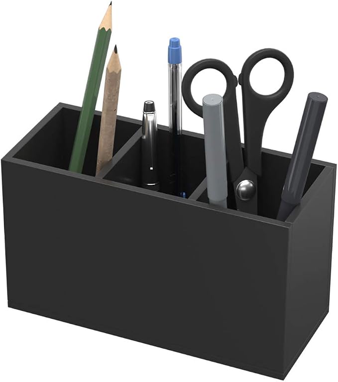 NIUBEE Black Pen Holder 3 Compartments, Acrylic Desk Pencil Organizer Cup | Scratch-resistant thick acrylic with 3 slots for pens, pencils, makeup brushes, office, vanity and school use