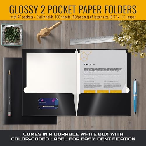 Better Office Products 2 Pocket Glossy Laminated Black Paper Folders, Letter Size, Black Paper Portfolios, Box of 25