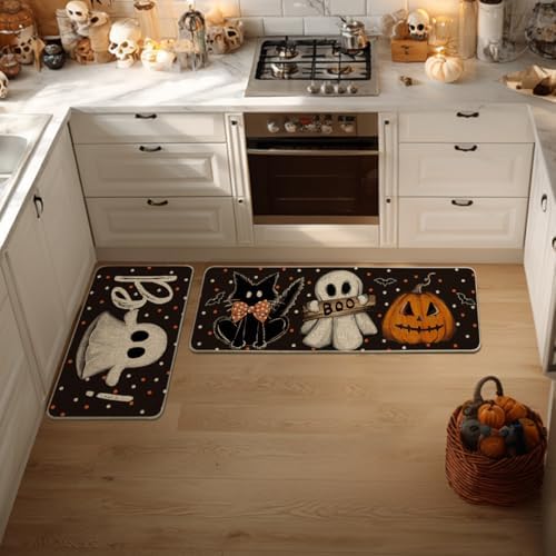 Artoid Mode Black Cats Boo Halloween Kitchen Mats Set of 2-17x29+17x47