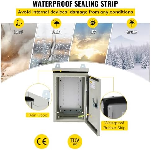 VEVOR Electrical Enclosure, 12'' x 8'' x 6'', UL Certified NEMA 4 Outdoor IP65 Waterproof Cold-Rolled Carbon Steel Hinged Junction Box, with Rain Hood, White Gray, (ULBOX30X20X15)