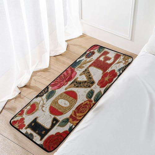Aslsiy Plaid Hearts Golden Glitter Rose (1) Kitchen Rug Kitchen Mats Valentines Floor Comfort Welcome Washable Non Slip Area Rug for Home Decor 39" X 20"