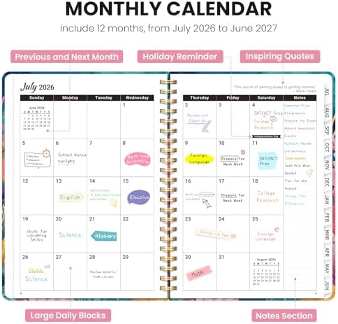 Academic Planner 2026-2027, Monthly and Weekly Calendar Planner, July 2026 - June 2027, Pretty Hardcover Teacher Student Planning Agenda Book with Tabs, Fit for School Office Supplies, 6.3" x 8.5", Coral Garden