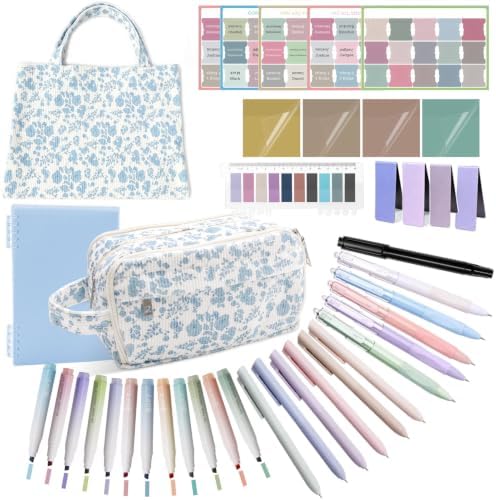 BtyHomShelf Bible Study Supplies, 50 Pack Bible Journaling Kit for Women with Tabs, Highlighter Set,Notebook, Pen Case and Storage Bag,No Bleed Annotation Kit for Christian Gifts (50PCS,Blue Floral)