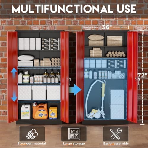Greenvelly Metal Garage Storage Cabinet with 2 Doors and 4 Adjustable Shelves, 72”H Steel Lockable Storage Cabinet,Tall Metal Cabinet Locking File Cabinet for Office,Home, Garage, Gym, School