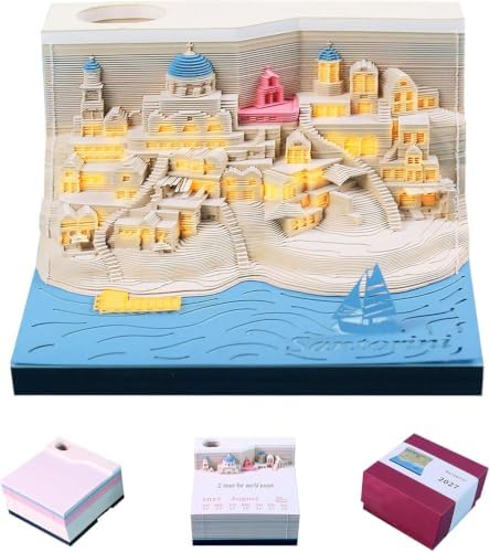 3D Calendar 2027 Santorini Tear Away Memo Pad Desk Art