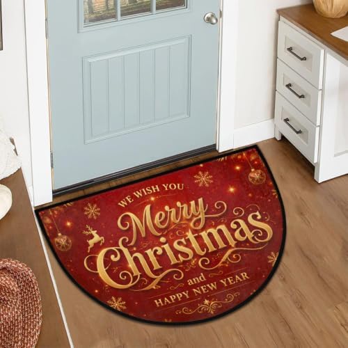 Pardick Merry Christmas Half Round Door Mat, Non-Slip Welcome Entrance Way Rug Semi Circle Front Doormats Washable Shoe Scraper Floor Mat Outdoor Rugs for Gar