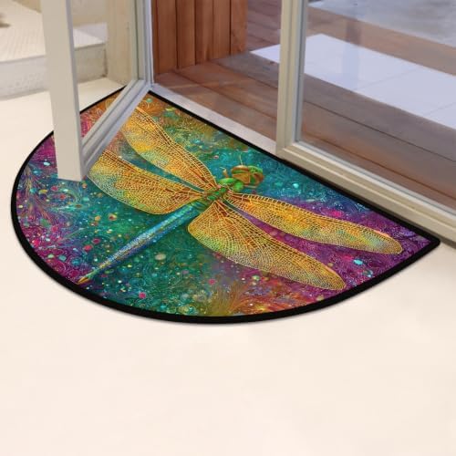 Dragonfly Animal Half Round Door Mat Non Slip Washable Semi Circle Area Rug Absorbent Soft Half Moon Rug Floor Mat for Indoor Outdoor Kitchen Bathroom Patio Front Door Mat Decor