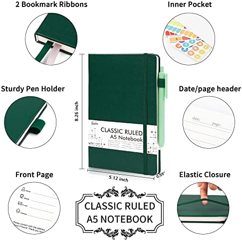 feela 3 Pack Notebooks Journals Bulk with 3 Black Pens, A5 Hardcover Notebook Classic Ruled Lined Journal Set with Pen Holder for Work Business Journaling Note Taking, 120 GSM, 5.1”x8.3”, Dark Green