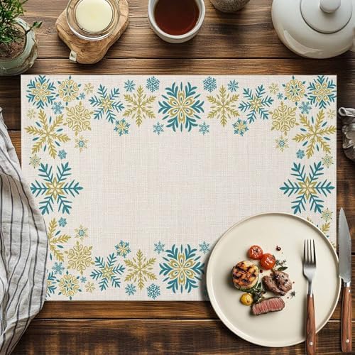 Gold Blue Snowflakes Christmas Placemat 1PC, Winter Xmas Holiday Heat Resistant Washable Table Place Mats Beige Cotton Table Linens Party Holiday Decor for Kitchen Dining Outdoor Indoor