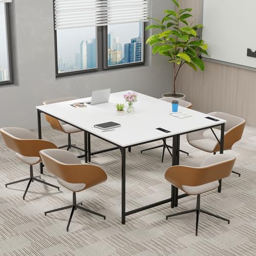 COSTWAY Home Office Desk, 32 Inch Computer Desk with Recessed Power Strip, Storage Bag & Headphone Hook, Wide Desktop, Modern Computer Workstation Writing Table for Home, Office (White + Black)