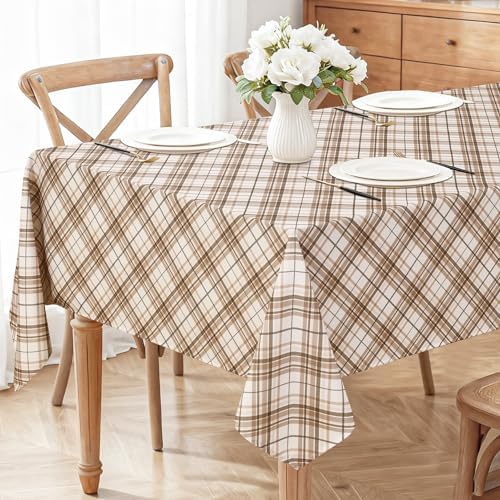 DWCN Checkered Tablecloth, 60 x 84 Inch, Rectangular, Brown and White