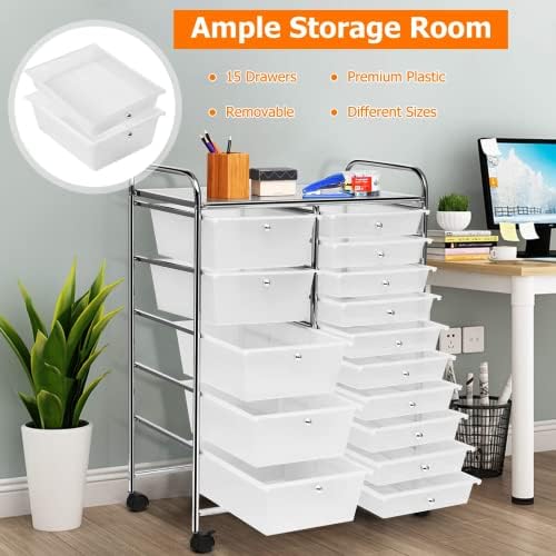 COSTWAY 15 Drawer Rolling Storage Cart, Mobile Utility Cart with Lockable Wheels, Drawers, Multipurpose Organizer Cart for Home, Office, School, Clear