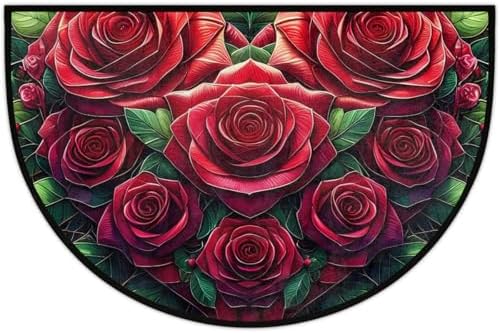 Valentine Rose Flower Half Round Door Mat Non Slip Washable Semi Circle Area Rug Absorbent Soft Half Moon Rug Floor Mat for Indoor Outdoor Kitchen Bathroom Patio Front Door Mat Decor