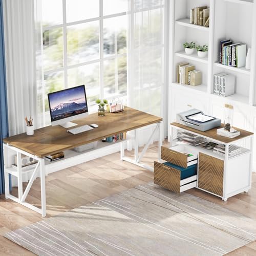 Tribesigns L Shaped Desk with Drawer,63" Executive Computer Desk and lateral File Cabinet, 2 Piece Home Office Furniture for Hanging File, Cabinet with Doors