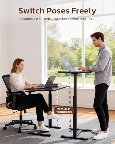Overbed Bedside Table with Hidden Casters, Adjustable Pneumatic Mobile Laptop Computer Standing Desk, Rolling Laptop Table, Movable Overbed Table Hospital Home Use, Black
