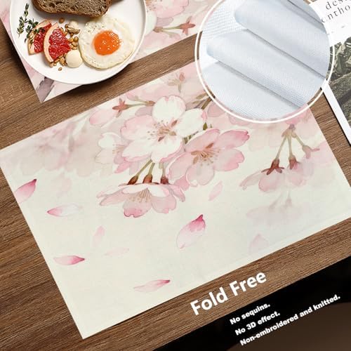 Batmerry Vintage Cherry Blossom Linen Placemats Set of 8, Delicate Watercolor Pink Flowers Washable Table Mats for Kitchen Table Thickened Heat Insulation Dining Set Indoor Outdoor 12X18 in