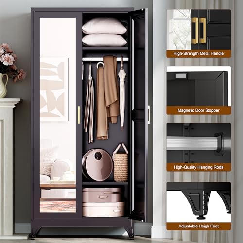 UNICOLY Armoire Wardrobe Closet，71" H Metal Wardrobe Cabinet with Mirror