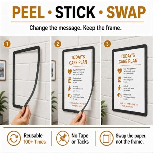 8.5 x 11 Adhesive Wall Frames - Peel & Stick Picture Frames, Wall Sign Holder, Paper & Letter Protector Sheets, Reusable, Dry Erase, Non Magnetic & Non Acrylic - Black, Pack of 5