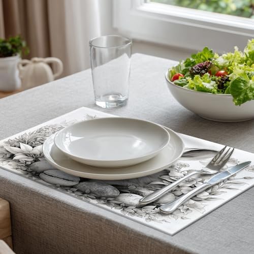 Batmerry Bunny with Eggs Flowers Linen Placemats Set of 6, A Bunny Surrounded By Eggs and Flowers Washable Table Mats for Kitchen Table Thickened Heat Insulation Dining Set Indoor Outdoor 12X18 in