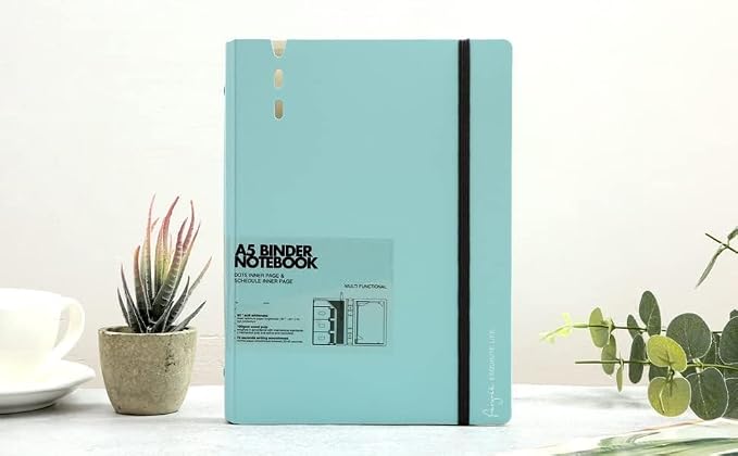CAGIE A5 Binder 6 Ring Refillable Notebook with Dividers & Pockets | Daily Planning Square Ruled and Dotted Pages, Refill Paper Included, 6.89 x 9.25 In (Blue, A5 Daily & Dot Page)