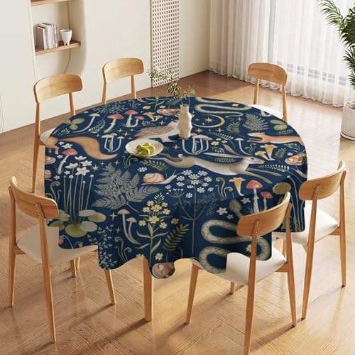 Fairy Forest Tablecloth, Retro Dark Blue Woodland Wildlife Owl Squirrel Print Rustic Flowers Mushrooms Table Cloth for Outdoor Picnic Home Dining Kitchen Table Decor, 70x70in