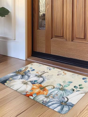 Fall Door Mat Blue Pumpkin Doormat Eucalyptus Leaves Branch Harvest Thanksgiving Welcome Mat Non Slip Rubber Entryway Front Rug Floor Mat for Indoor Outdoor Kitchen Autumn Holiday Home Decor 20x32