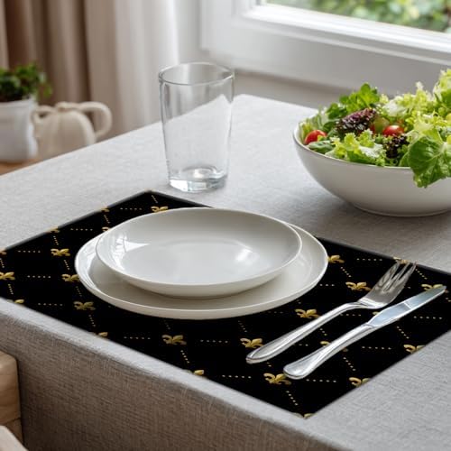 Batmerry Gold Black French Linen Placemats Set of 8,Flowers Golden Fleur De Lis Black Gold from Art Washable Table Mats for Kitchen Table Thickened Heat Insulation Dining Set Indoor Outdoor 12X18 in