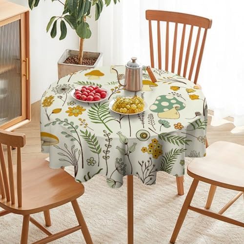 Wild Mushroom Tablecloth, Vintage Botanical Rustic Wildflower Herbs Plants Green Mushroom Table Cloth for Farmhouse Kitchen Dinning Room Picnic Parties Home Decor, 50x50in