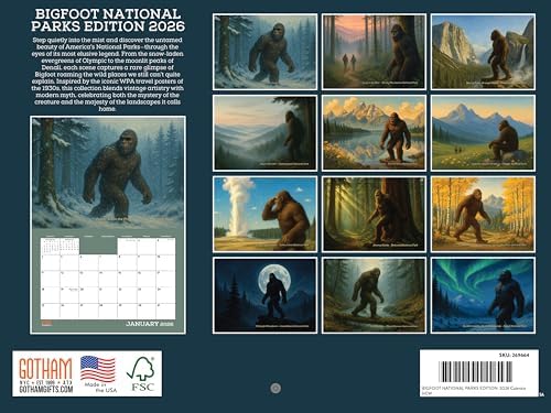 Bigfoot National Parks Calendar 2026 12 Month | American Made In The USA