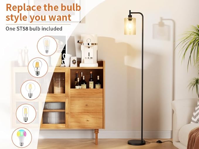 Ziisee Floor Lamps for Living Room - Standing Lamp with Seeded Glass Shade, Modern Floor Lamp with LED Bulbs, Industrial Floor Lamp for Bedroom, Black Tall Lamp for Office(Light Bulb Included)