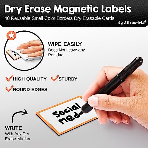 Attractivia Dry Erase Magnetic Labels 2.8 x 1.8 in, Color Borders, Small Dry Erase Magnets, 40-Pack, White Erasable Write-On All-Purpose Labels, for Office, Education, Home, Whiteboard