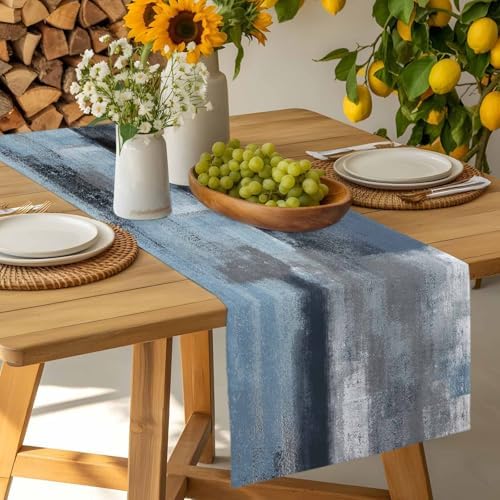 Blue Grey Graffiti Table Runner Dresser Scarf 13 x 108 Inch Abstract Oil Paint Art Mottled Texture Modern Table Runners Non-Slip Heat Resistant Kitchen Dining Table Decor for Home Indoor Outdoor