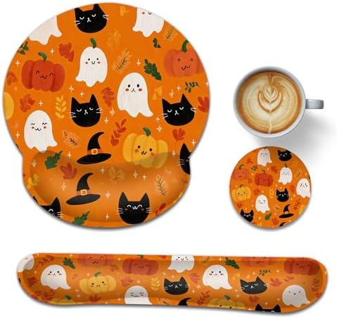 Halloween Wrist Rest Support for Mouse Pad Keyboard Set, Ghosts Pumpkins Black Cats Mouse Pad with Non Slip Rubber Base for Home and Office Typing Support