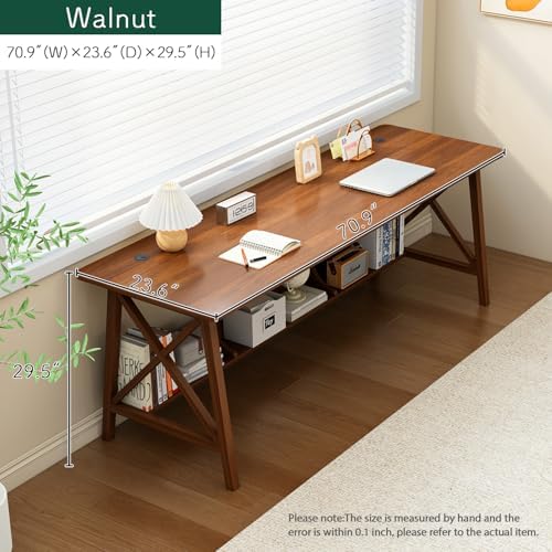 NELYE Extra Long Writing Desk with Bookshelf, 71" Wx24 Dx30 H, Walnut