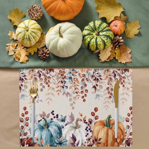 Fall Thanksgiving Placemats Set of 4, Watercolor Autumn Pumpkins Eucalyptus Leaves Heat Resistant Washable Linen Table Place Mats Party Holiday Decor for Home Kitchen Dining Outdoor Indoor,Blue Orange