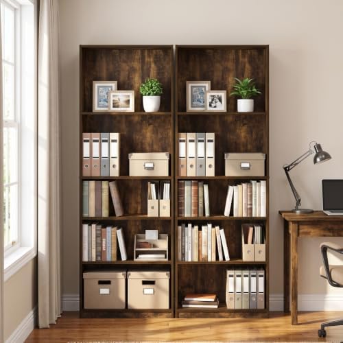 Furinno Jaya 5-Tier Book Shelf with Adjustable Shelves Set of 2, Amber Oak
