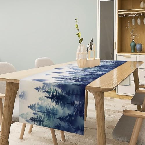 Watercolor Blue Pine Trees Table Runner, Forest Woodland Tabletop Scarf Home Kitchen Holiday Decor, Seasonal Farmhouse Rustic Dining Decorations Party Supply 13 X 108 Inch