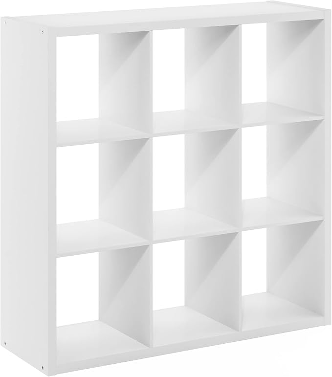 Furinno Cubicle Book Shelf, 9-Cube Bookshelf, Extra Thick Frame Reversible Tall Wide Bookcase with Open Back, 14.6 x 44 x 44, for Living Room, Bedroom, Home Office, Plain White