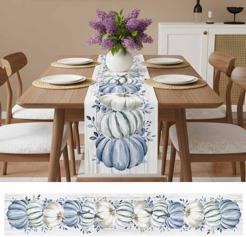 Fall Table Runner Blue Pumpkin Table Runners Harvest Thanksgiving White Blue Pumpkins Wooden Cotton Linen Dresser Scarf Kitchen Dining Table Decor for Autumn Holiday Party Coffee 13x108 Inch