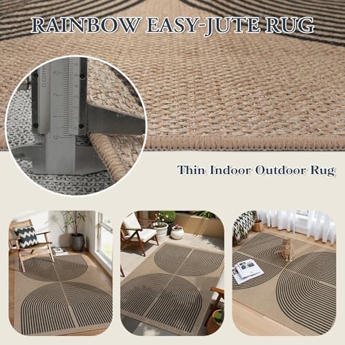 Lahome Modern Rainbow Easy Jute Outdoor Rug 4x6, Neutral Brown Office Rug