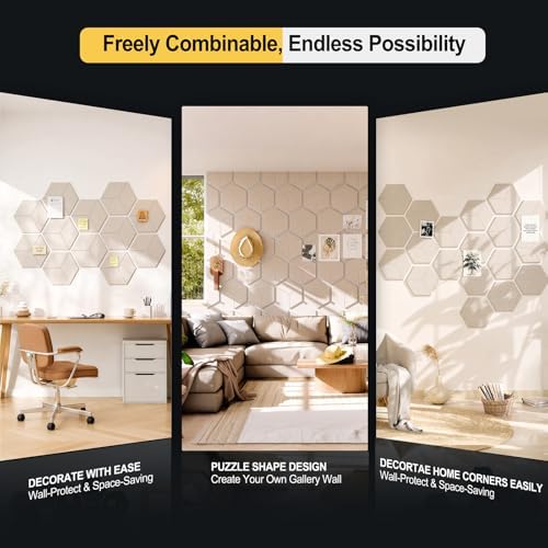 12-Pack Hexagon Cork Board Alternative for Walls Decor, 38.2" x 38.2" Large Felt Bulletin Board, with Pushpins, Damage-Free Adhesives, Thick Pin Board for Office, Home (Oatmeal)