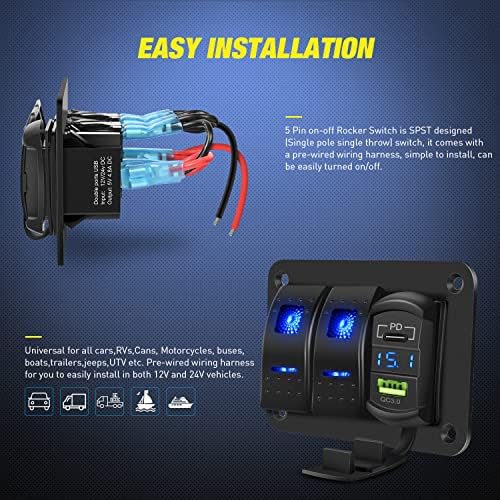 Nilight 2 Gang Rocker Switch Panel w/PD Type C and USB Socket Voltmeter