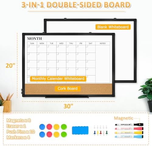 Monthly Dry Erase Calendar Whiteboard with Corkboard, 30" x 20", Black