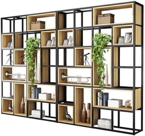 Wood Industrial Cube Bookcase with Shelves & Open Back Iron Bookshelf Floor Steel & Wood Shelf Multi-Layer Shelf Storage Rack Office Partition Display Rack Natural 126" L x 9.8" W x 94.5" H