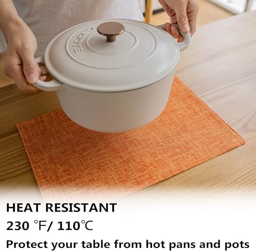 Demetex Fall Placemats Set of 4 Orange Linen Place Mats Decorative Heat Resistant Cloth Table Mats for Party Birthday Gathering Dinner, 13x19 inch, Orange