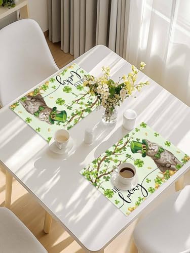 Lucky Cat St. Patrick's Day Placemats Set of 4, Green Spring Shamrocks Tree Heat Resistant Washable Dining Table Mats Spring Holiday Farmhouse Decor for Kitchen&Table Linens Outdoor Indoor,